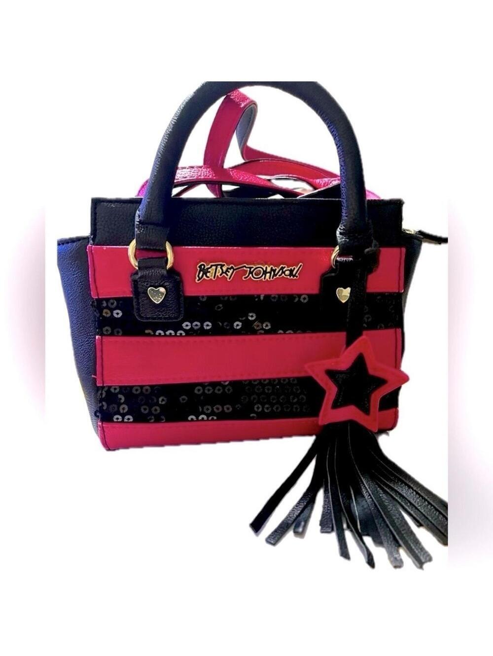 Betsey Johnson Pink Black Sequin Striped Shoulder Hand Bag w/Strap
